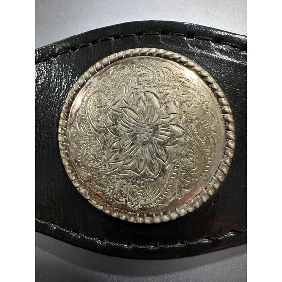 Vtg Womens Belt Sz S/M Black Leather Western Cowgirl Scalloped Silver Medallions main image 5